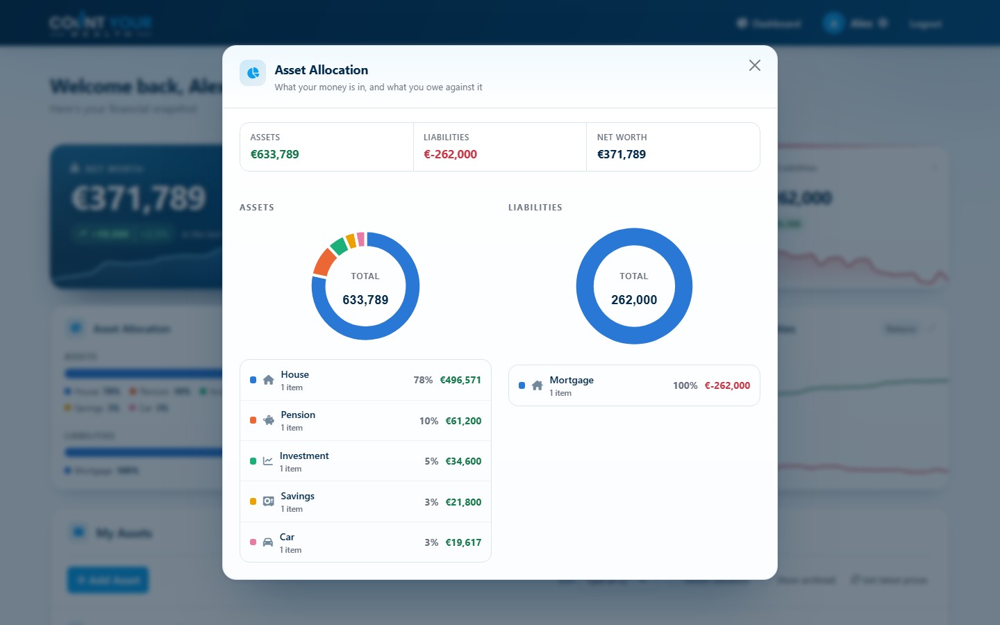 The asset allocation view: donut charts for assets and liabilities, with a breakdown by type showing house, pension, car, savings and investments.